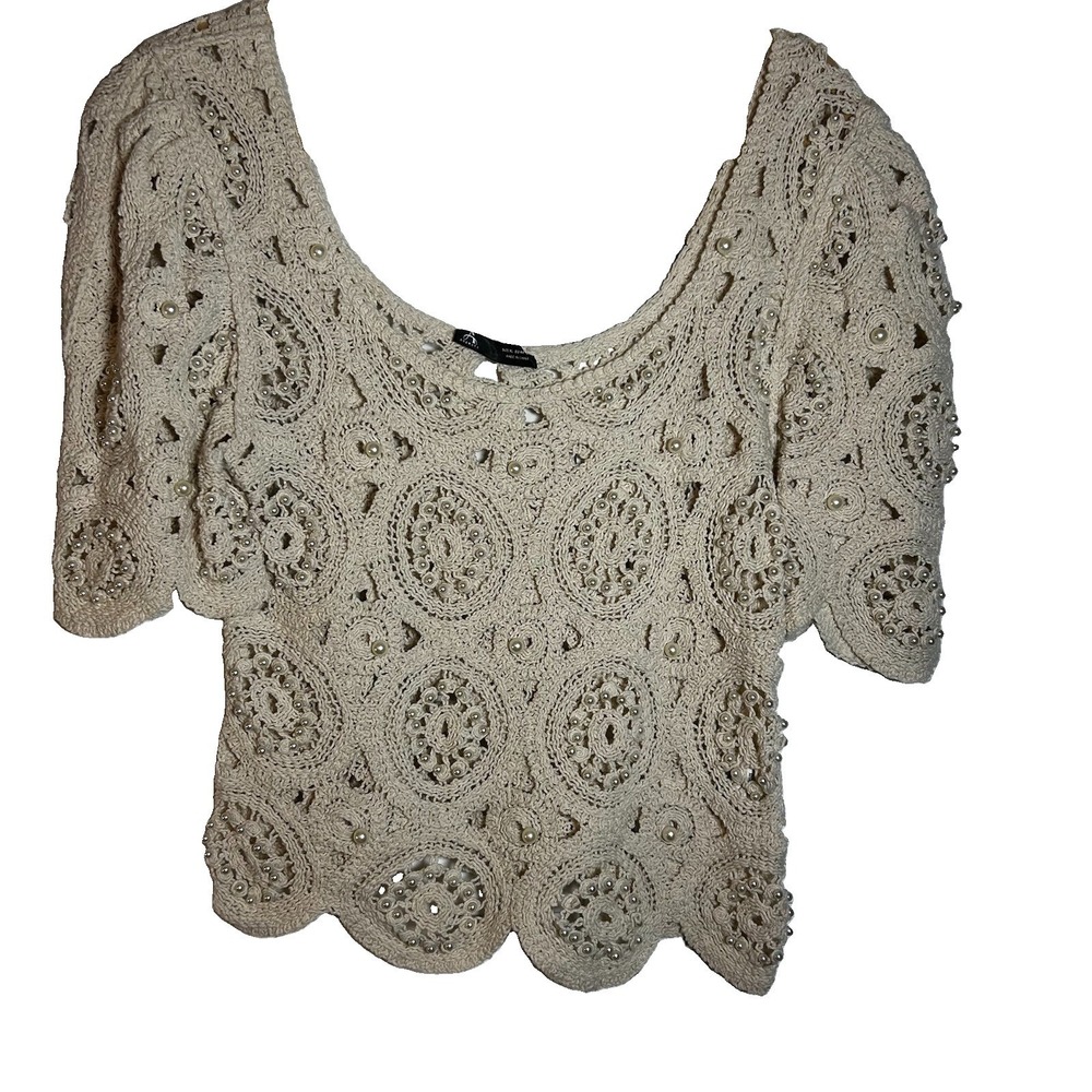 Beige Crochet Short Sleeve Crop Sweater Floral Pearly Cottagecore Boho Whimsy XL